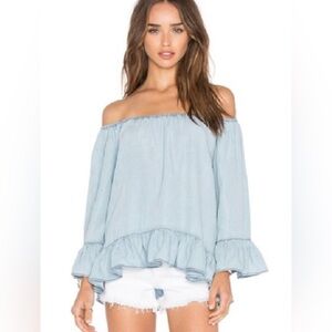 Sanctuary Off-Shoulder Ruffle Blouse S Chambray Peasant Fairy Cottage Romantic